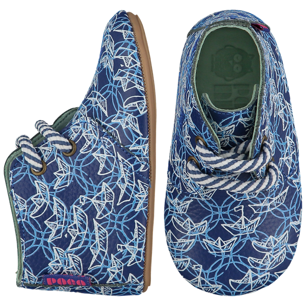 Mighty Shoes. Origami Boats Desert Boots. Ink blue leather ankle boot with an origami boats print, leather lined. Poco Nido baby, toddler and childrens shoes make unique gifts - as christmas gifts, stocking fillers, baby shower gifts, new parent gifts, to celebrate new walking skills and many other occasions. They are great toddler shoes too and are perfect for daycare settings.