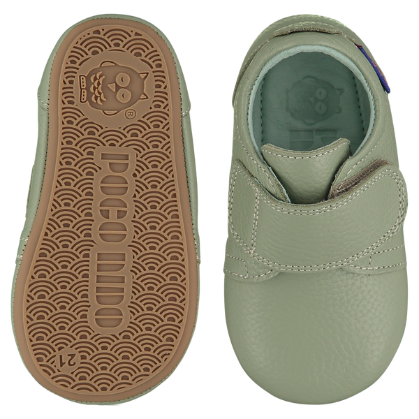 Mighty Shoes. Sage green strap shoes. Pale sage green leather strap shoes, leather lined. Poco Nido baby, toddler and childrens shoes make unique gifts - as christmas gifts, stocking fillers, baby shower gifts, new parent gifts, to celebrate new walking skills and many other occasions. They are great toddler shoes too and are perfect for daycare settings.