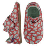 A pair of childrens adjustable strap shoes, one viewed from the top, one is viewed from the side. They are in red leather with an all over print of hedgehogs. They have a  pale blue leather lining and insole. The sole is a natural gum colour.