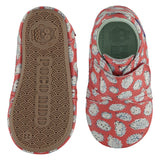 A pair of childrens adjustable strap shoes, one viewed from the top, one is a view of the sole. They are in red leather with an all over print of hedgehogs. They have a  pale blue leather lining and insole. The sole is a natural gum colour.