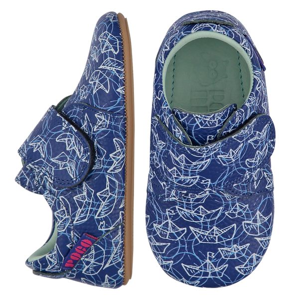 Origami Boats Kids Strap Shoe. Ink blue leather children's strap shoes with an origami boats print, leather lined. 