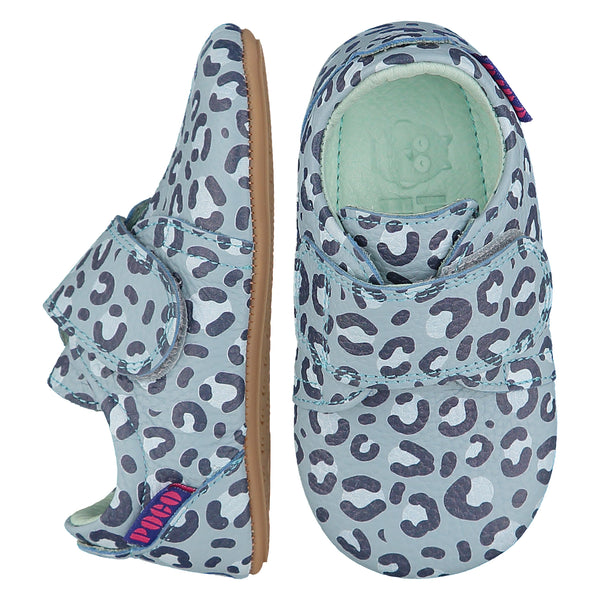 Mighty Shoes Blue Leopard Strap Shoe. Children's shoe in sky blue leather with a dark and light blue leopardskin all over print. Barefoot shoe with self fastening strap Poco Nido baby, toddler and childrens shoes make unique gifts - as christmas gifts, stocking fillers, baby shower gifts, new parent gifts, to celebrate new walking skills and many other occasions. They are great toddler shoes too and are perfect for daycare settings.