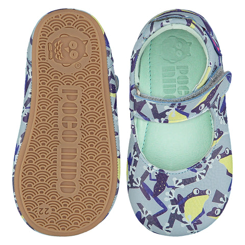 Mighty Shoes Blue Tree Frog Mary Jane. Kids sandal in sky blue leather with tree frog print. Barefoot shoe with self fastening strap and flexible sole. The sole has the Poco Nido logo on it. View of top and sole. Poco Nido baby, toddler and childrens shoes make unique gifts - as christmas gifts, stocking fillers, baby shower gifts, new parent gifts, to celebrate new walking skills and many other occasions. They are great toddler shoes too and are perfect for daycare settings.