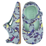 Mighty Shoes Blue Tree Frog T Bar. Children's shoe in sky blue colour leather with a tree frog all over print. Barefoot shoe with self fastening strap and a flat, super flexible TPU rubber sole. The sole has the Poco Nido logo on it. View of top and side. Black friday sale