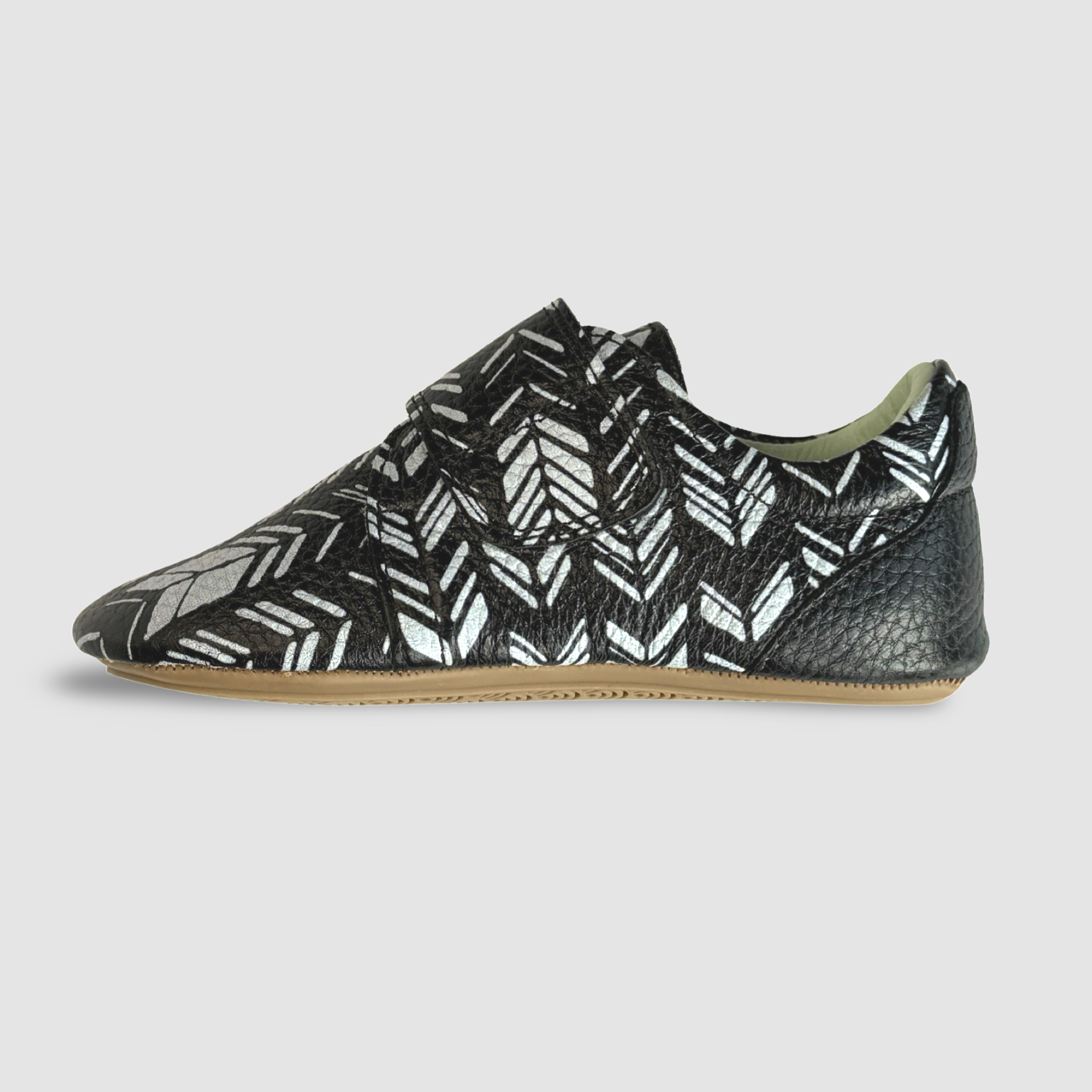 Black and Grey Chevron Print Toddler Shoes. Poco Nido Strap Mighty Shoes