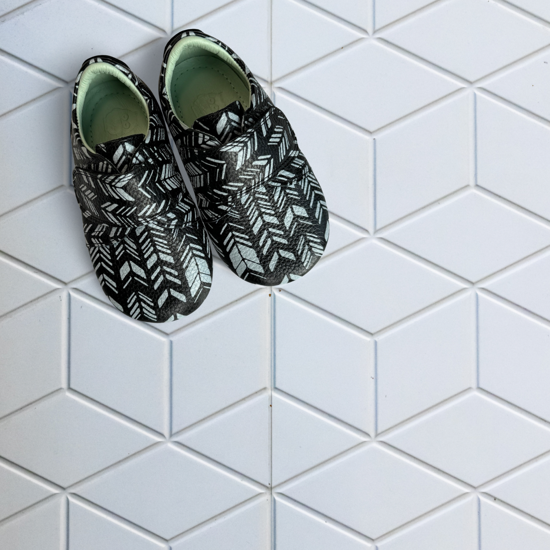 Black and Grey Chevron Print Toddler Shoes. Poco Nido Strap Mighty Shoes