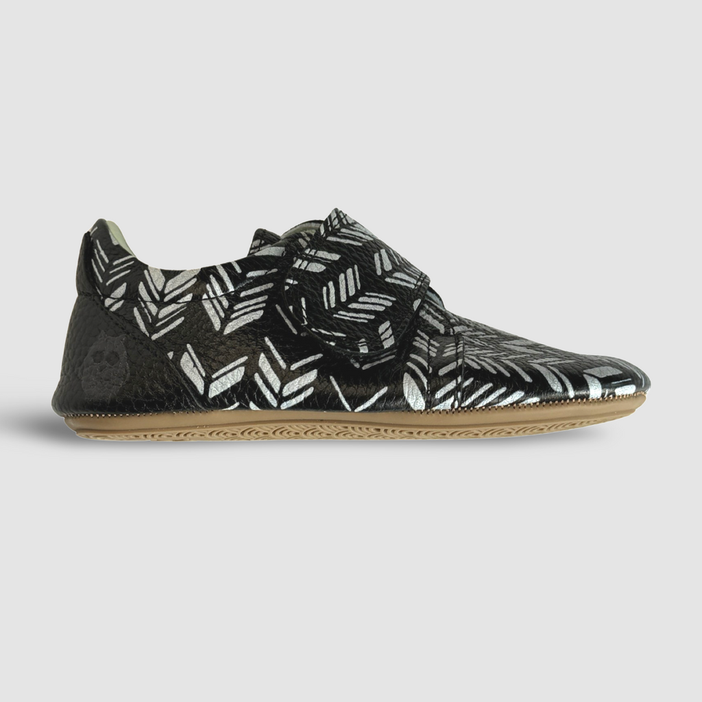 Black and Grey Chevron Print Toddler Shoes. Poco Nido Strap Mighty Shoes