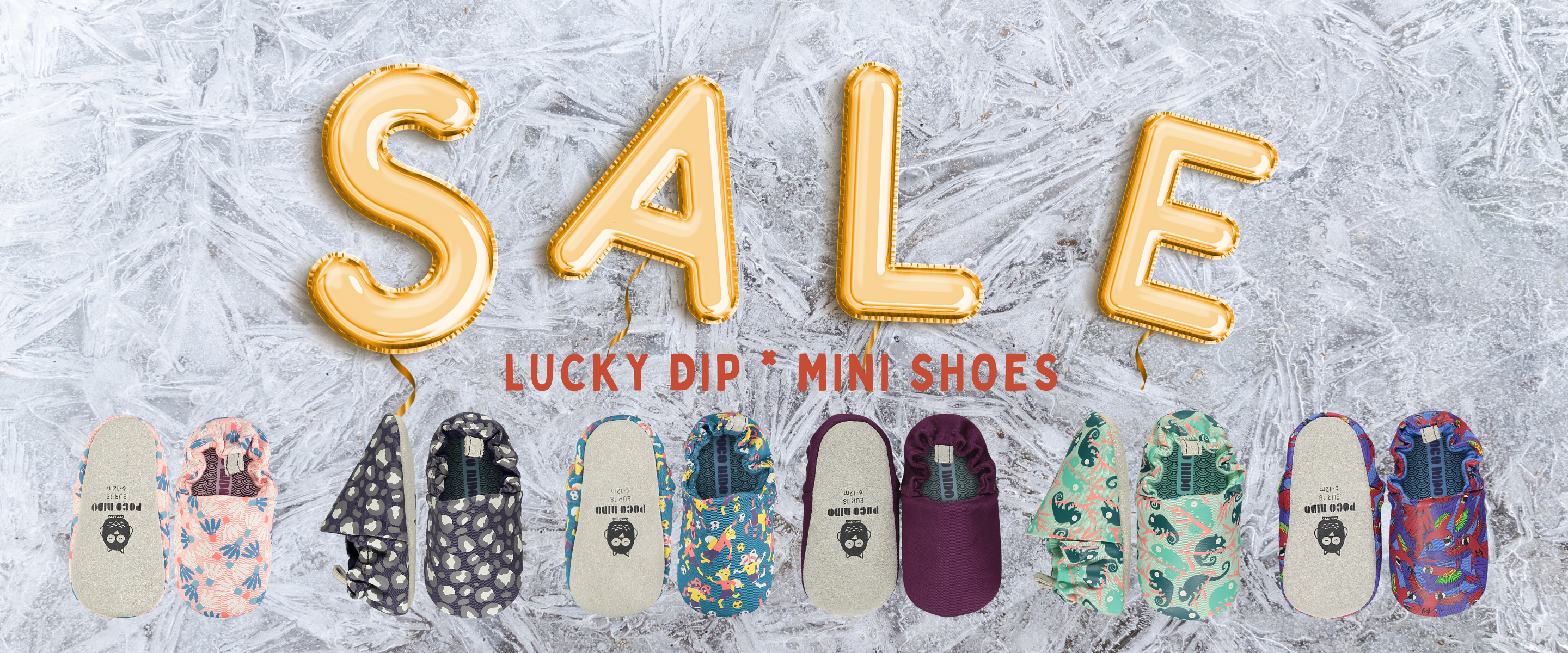 Promotional banner for Lucky Dip Mini Shoes sale with gold SALE balloons and various mini shoe designs.