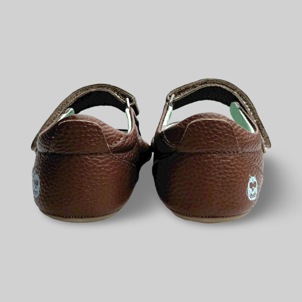 Poco Nido Mighty Shoes. Children's Dark Tan Mary Jane Shoe With Suede Toe Bumper