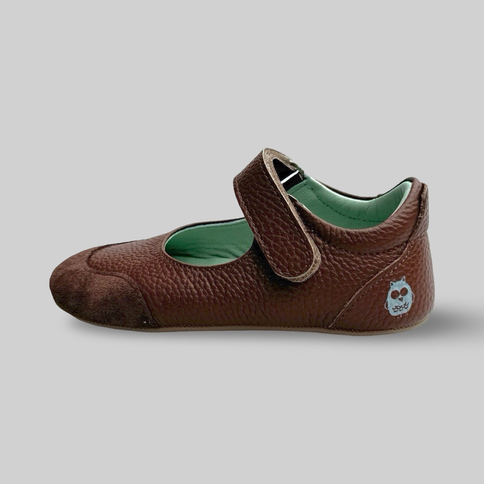 Poco Nido Mighty Shoes. Children's Dark Tan Mary Jane Shoe With Suede Toe Bumper
