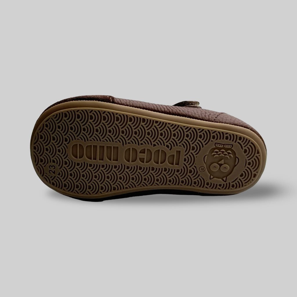 Poco Nido Mighty Shoes. Children's Dark Tan Mary Jane Shoe With Suede Toe Bumper