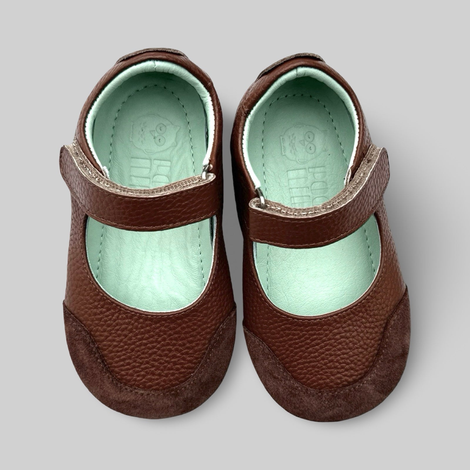 Poco Nido Mighty Shoes. Children's Dark Tan Mary Jane Shoe With Suede Toe Bumper