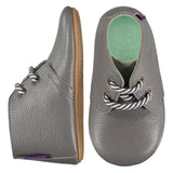 Mighty Shoes Grey Desert Boot. Children's ankle boot in grey leather. Poco Nido baby, toddler and childrens shoes make unique gifts - as christmas gifts, stocking fillers, baby shower gifts, new parent gifts, to celebrate new walking skills and many other occasions. They are great toddler shoes too and are perfect for daycare settings.