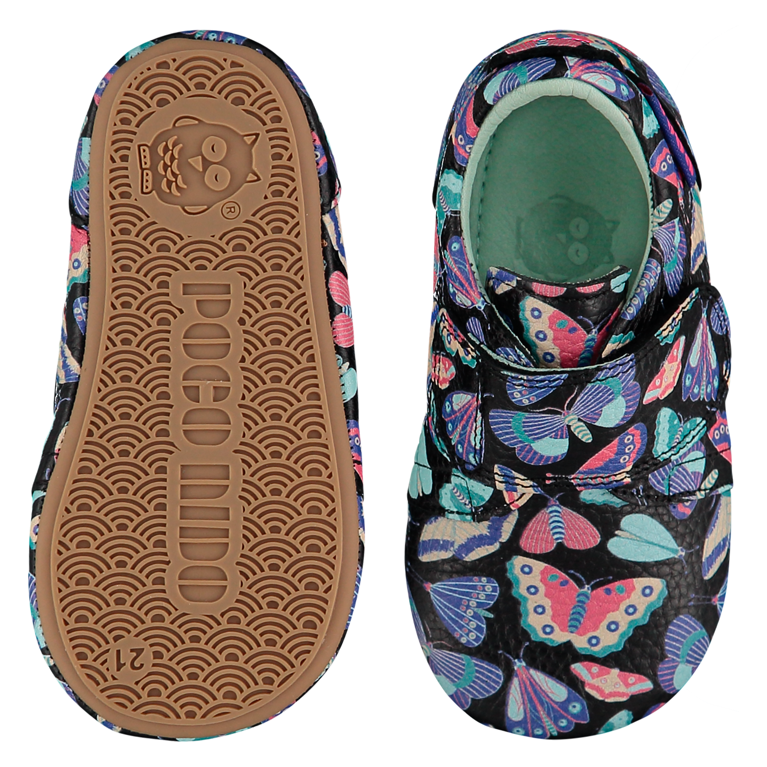 Mighty Shoes. Butterfly Strap Shoes. Black leather strap shoes with a bright butterfly print, leather lined. Poco Nido baby, toddler and childrens shoes make unique gifts - as christmas gifts, stocking fillers, baby shower gifts, new parent gifts, to celebrate new walking skills and many other occasions. They are great toddler shoes too and are perfect for daycare settings.