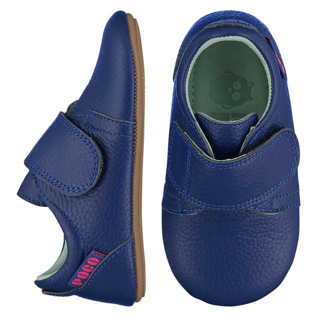 Mighty Shoes. Ink blue leather strap shoes, leather lined. Poco Nido baby, toddler and childrens shoes make unique gifts - as christmas gifts, stocking fillers, baby shower gifts, new parent gifts, to celebrate new walking skills and many other occasions. They are great toddler shoes too and are perfect for daycare settings.