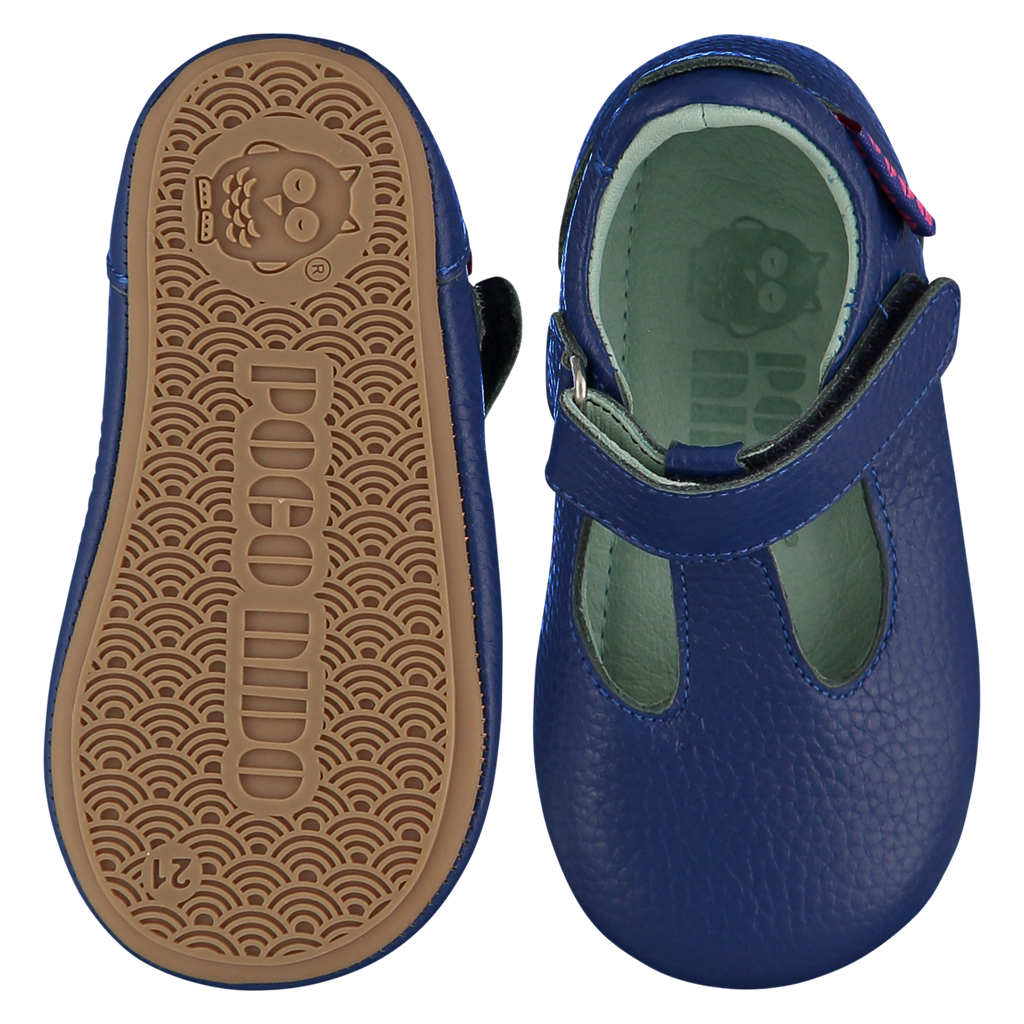 Mighty Shoes. Ink blue leather T bar shoes, leather lined. Poco Nido baby, toddler and childrens shoes make unique gifts - as christmas gifts, stocking fillers, baby shower gifts, new parent gifts, to celebrate new walking skills and many other occasions. They are great toddler shoes too and are perfect for daycare settings.