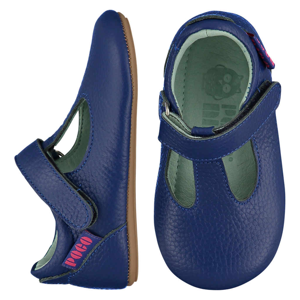 Mighty Shoes. Ink blue leather T bar shoes, leather lined. Poco Nido baby, toddler and childrens shoes make unique gifts - as christmas gifts, stocking fillers, baby shower gifts, new parent gifts, to celebrate new walking skills and many other occasions. They are great toddler shoes too and are perfect for daycare settings.