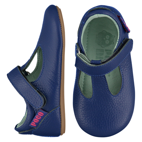 Mighty Shoes. Ink blue leather T bar shoes, leather lined. Poco Nido baby, toddler and childrens shoes make unique gifts - as christmas gifts, stocking fillers, baby shower gifts, new parent gifts, to celebrate new walking skills and many other occasions. They are great toddler shoes too and are perfect for daycare settings.