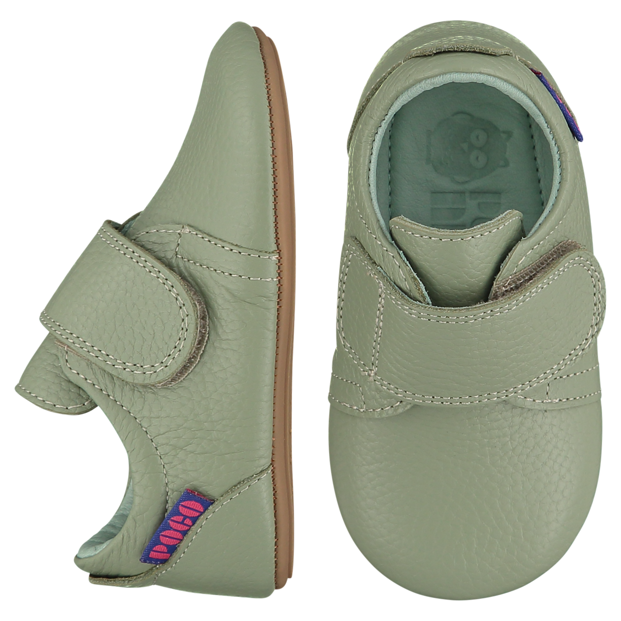 Mighty Shoes. Sage green strap shoes. Pale sage green leather strap shoes, leather lined. Poco Nido baby, toddler and childrens shoes make unique gifts - as christmas gifts, stocking fillers, baby shower gifts, new parent gifts, to celebrate new walking skills and many other occasions. They are great toddler shoes too and are perfect for daycare settings.