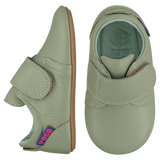 Mighty Shoes. Sage green strap shoes. Pale sage green leather strap shoes, leather lined. Poco Nido baby, toddler and childrens shoes make unique gifts - as christmas gifts, stocking fillers, baby shower gifts, new parent gifts, to celebrate new walking skills and many other occasions. They are great toddler shoes too and are perfect for daycare settings.
