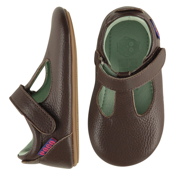 A pair of childrens T bar shoes, one viewed from the top, one is viewed from the side. They are in dark brownr leathers. They have a pale blue leather lining and insole and an adjustable strap. The sole is a natural gum colour.