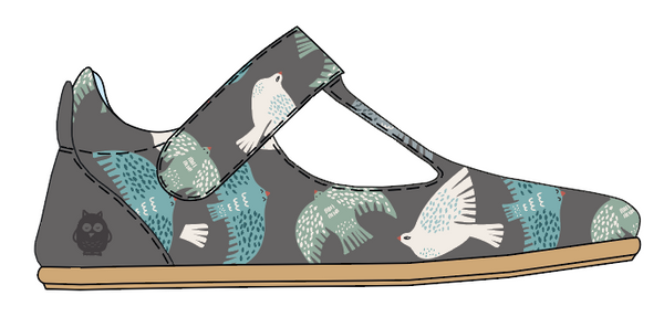 *PREORDER-1ST AUGUST DELIVERY* Mighty Shoes. Rock Grey Bird Print T Bar Shoe, With Toe Bumper