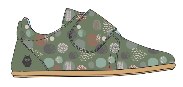 *PREORDER-1ST AUGUST DELIVERY* Mighty Shoes. Moss Green Dabs Print Strap Shoe, With Toe Bumper