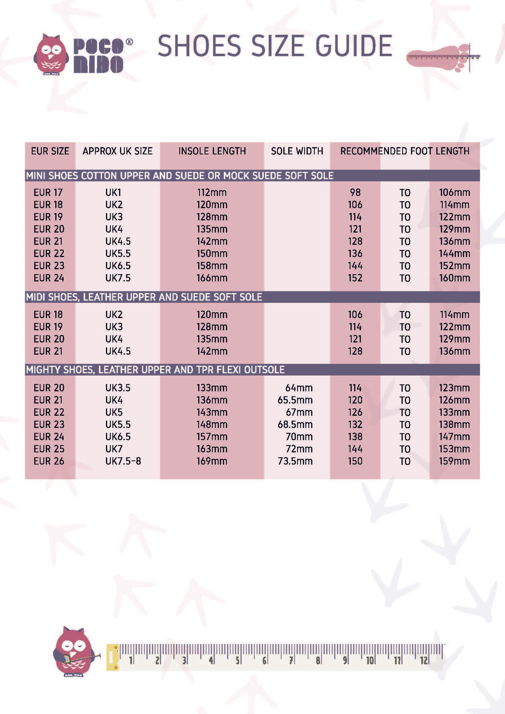 Poco Nido baby and childrens shoes size guide