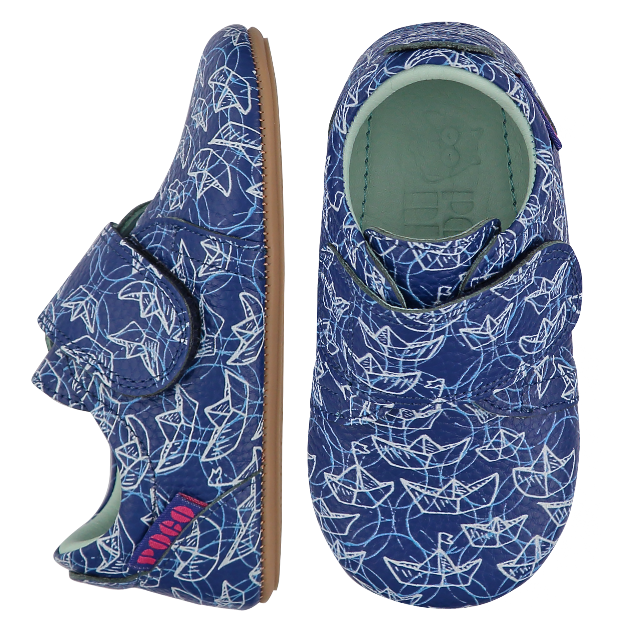 Origami Boats Kids Strap Shoe. Ink blue leather children's strap shoes with an origami boats print, leather lined. 