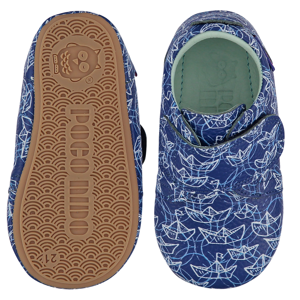 Origami Boats Children's Strap Shoe. Ink blue leather kids strap shoes with an origami boats print, leather lined. Wide adjustable strap over the top of the foot. 
