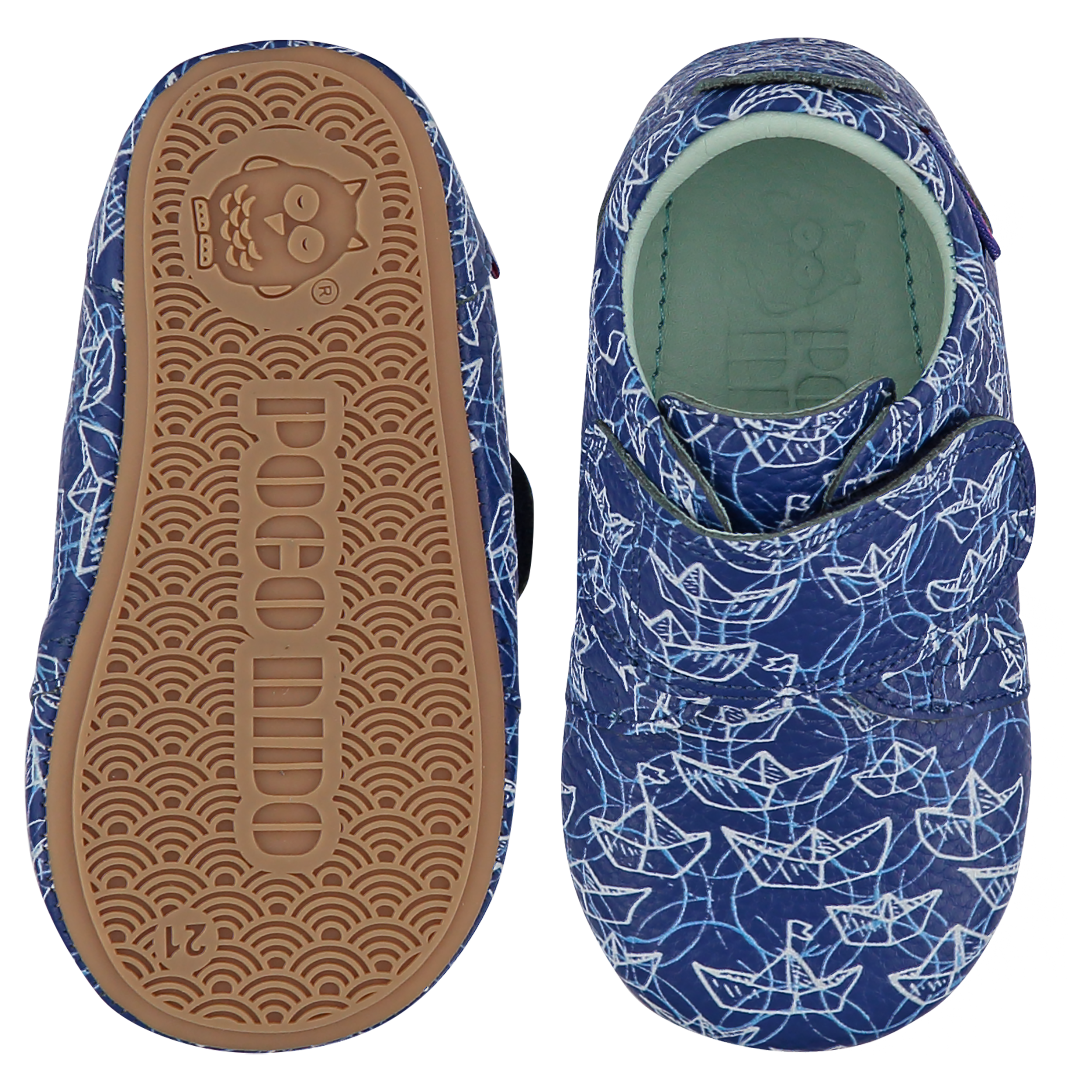 Origami Boats Children's Strap Shoe. Ink blue leather kids strap shoes with an origami boats print, leather lined. Wide adjustable strap over the top of the foot. 