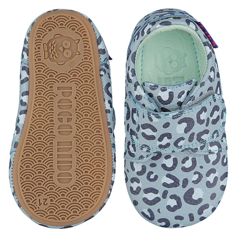 Mighty Shoes Blue Leopard Strap Shoe. Children's shoe in sky blue leather with a dark and light blue leopardskin all over print. Barefoot shoe with self fastening strapPoco Nido baby, toddler and childrens shoes make unique gifts - as christmas gifts, stocking fillers, baby shower gifts, new parent gifts, to celebrate new walking skills and many other occasions. They are great toddler shoes too and are perfect for daycare settings.