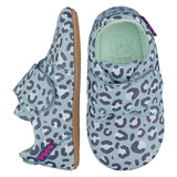 Mighty Shoes Blue Leopard Strap Shoe. Children's shoe in sky blue leather with a dark and light blue leopardskin all over print. Barefoot shoe with self fastening strap Poco Nido baby, toddler and childrens shoes make unique gifts - as christmas gifts, stocking fillers, baby shower gifts, new parent gifts, to celebrate new walking skills and many other occasions. They are great toddler shoes too and are perfect for daycare settings.