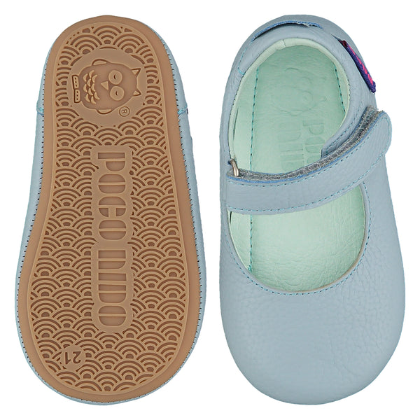 Mighty Shoes Blue Mary Jane. Children's shoe in sky blue leather with self fastening strap. Poco Nido baby, toddler and childrens shoes make unique gifts - as christmas gifts, stocking fillers, baby shower gifts, new parent gifts, to celebrate new walking skills and many other occasions. They are great toddler shoes too and are perfect for daycare settings.