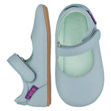Mighty Shoes Blue Mary Jane. Children's shoe in sky blue leather with self fastening strap. Poco Nido baby, toddler and childrens shoes make unique gifts - as christmas gifts, stocking fillers, baby shower gifts, new parent gifts, to celebrate new walking skills and many other occasions. They are great toddler shoes too and are perfect for daycare settings.
