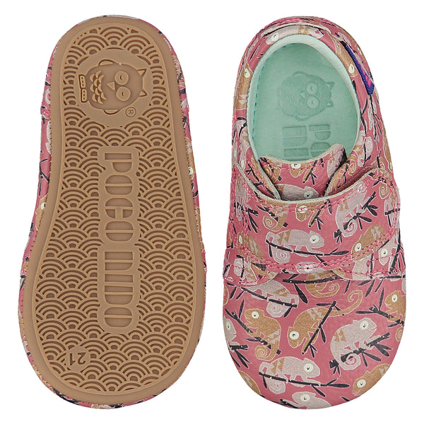 Mighty Shoes Pink Chameleon Strap Shoe. Children's shoe in raspberry pink leather with a chameleon all over print. Poco Nido baby, toddler and childrens shoes make unique gifts - as christmas gifts, stocking fillers, baby shower gifts, new parent gifts, to celebrate new walking skills and many other occasions. They are great toddler shoes too and are perfect for daycare settings.