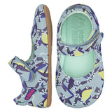 Mighty Shoes Blue Tree Frog Mary Jane. kids sandal in sky blue leather with tree frog print. Barefoot shoe with self fastening strap and flexible sole. The sole has the Poco Nido logo on it. View of top and side. Poco Nido baby, toddler and childrens shoes make unique gifts - as christmas gifts, stocking fillers, baby shower gifts, new parent gifts, to celebrate new walking skills and many other occasions. They are great toddler shoes too and are perfect for daycare settings.